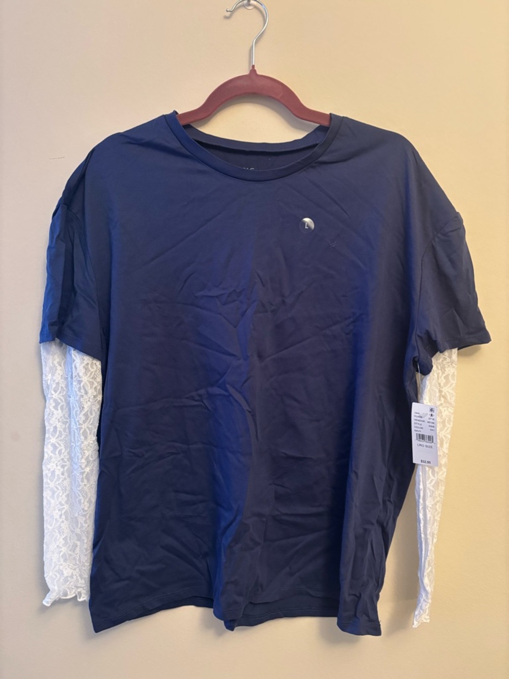 Women's Navy Layered-Look Shirt with White Lace Sleeves